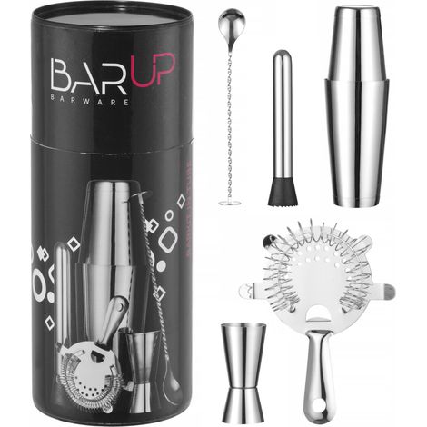Set da barman in tubo, shaker, jigger, colino, pestello, cucchiaio - argento (1/5)