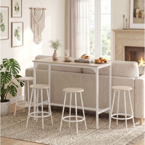 Mesa de bar con 4 taburetes, 5 piezas, estilo industrial, 110 x 50 x 89,5 cm, roble blanco HAVRYA (1/4)