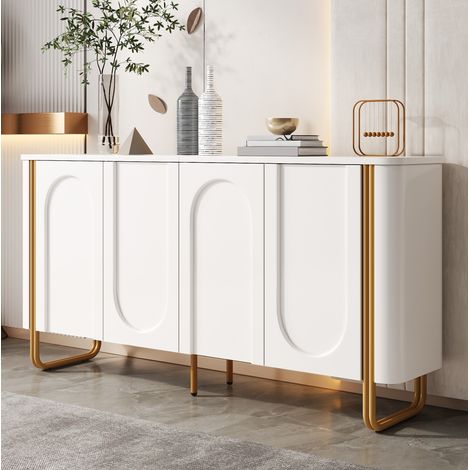 Buffet blanc en MDF 160 cm, 4 portes push-to-open, pieds en fer OKWISH (1/5)