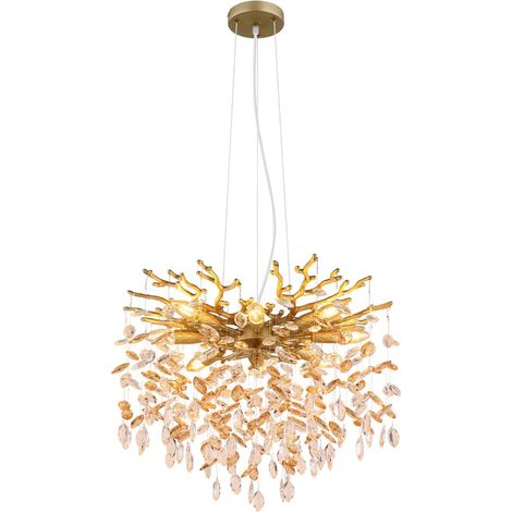 Suspension, applique, plafonnier, or mat, cristaux ambrés, H 120 cm
