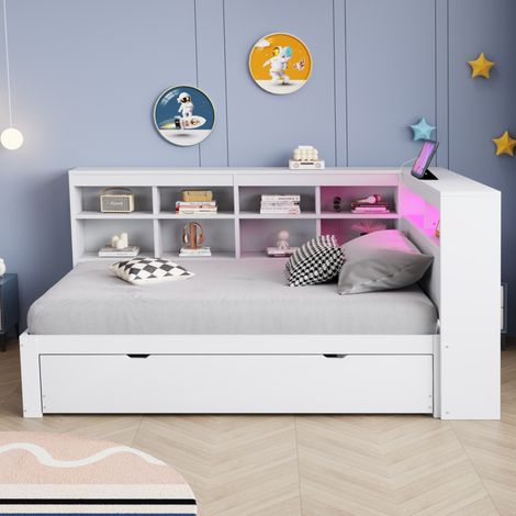 Canapé en bois massif 90 x 200 cm, avec lit gigogne, prise USB et lampe LED, étagères et compartiments de rangement, nombreux espaces de rangement, lit une place multifonctionnel en bois, blanc (1/5)
