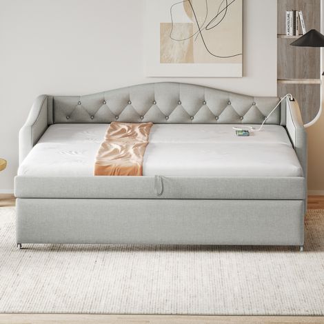 Letto imbottito, divano letto estensibile 90x200 cm, con porta USB, modellato con bottoni, lino - Grigio (1/5)