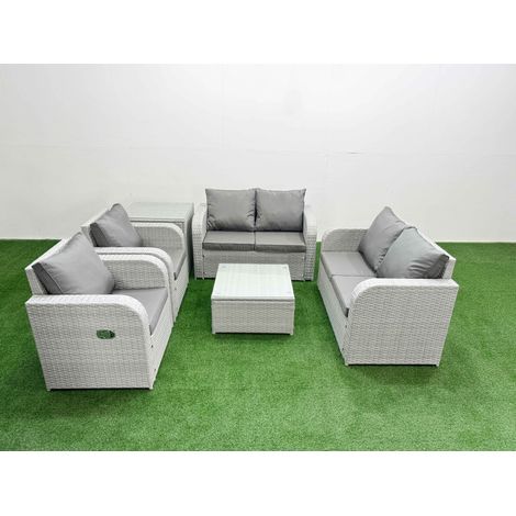 Fimous 6 Seater Outdoor Reclining Chair Love Sofa Set Rattan Garden Furniture Set with Square Coffee Table Side Table Light Grey (1/4)