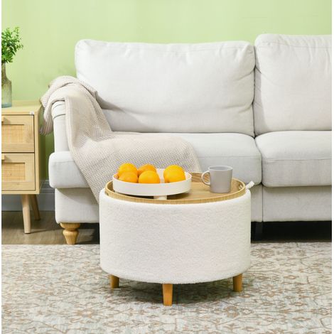 Pouf contenitore rotondo Ø56 x 42 cm con coperchio ribaltabile, gambe in legno, bianco HAVRYA (1/5)