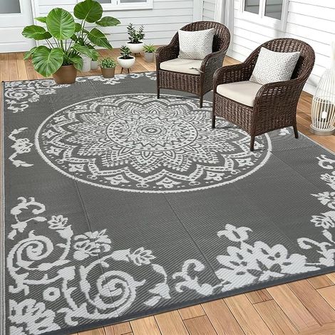 Tapis Exterieur Resistant Pluie Réversible 150x245cm Tapis Exterieur Terrasse Tapisextérieur Balcon Terrasse Jardin Camping Pique-Nique Gris Blanc (1/5)