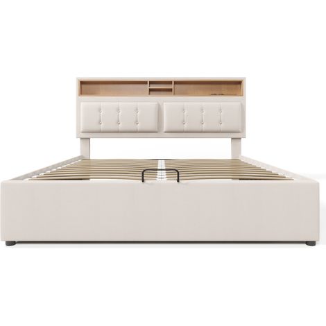 Lit double rembourré avec prise USB-C et fonction de charge, tête de lit, cadre de lit en lin avec rangement, lit ado 160x200 avec sommier à lattes (sans matelas) (1/5)