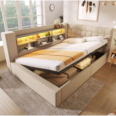 lit adulte double rangement LED 140x190 tete angle lin OKMYHOME (1/5)