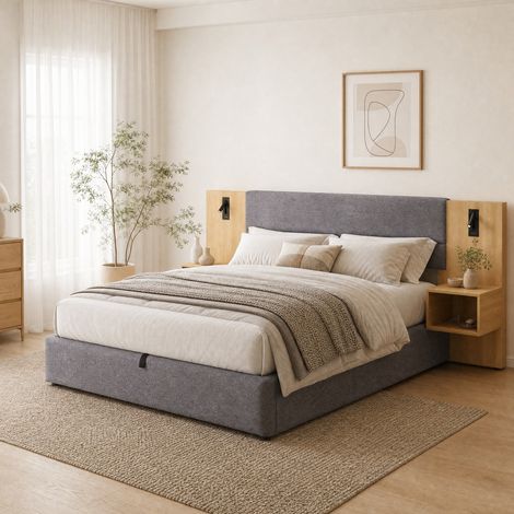 Bettgestell 180x200 cm Natur-Grau aus Samt mit Stauraum, 2 Nachttischen, LED und USB-Anschluss (1/5)