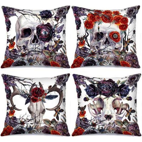 Ensemble de 4 taies d'oreiller décoratives en forme de crâne, style vintage, 45 x 45 cm, motif crâne, style gothique, motif floral. (1/4)