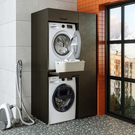 Roomart DUO-I Waschmaschinenschrank 112 cm, Schwarz-Eiche