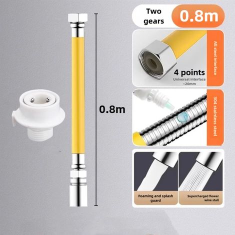 (Jaune 80 cm) Rallonge de robinet réglable en acier inoxydable 304 épais, flexible et anti-éclaboussures. Adaptateur de rallonge. (1/5)