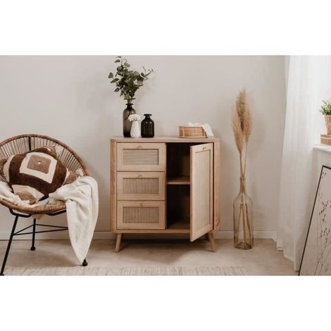 Commode - 3 tiroirs - 1 porte - Décor Cannage - L80,9 x H84 x P40 cm (1/5)