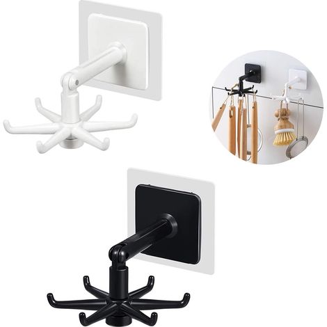 MINKUROW 2 Pezzi Ganci Girevoli A 360 Gradi, Gancio Senza Foro, Gancio Autoadesivo, Gancio Portaoggetti Girevole, Gancio Spina, Ganci Autoadesivi, Salvaspazio, Bianco E Nero (X-2pcs) (1/5)