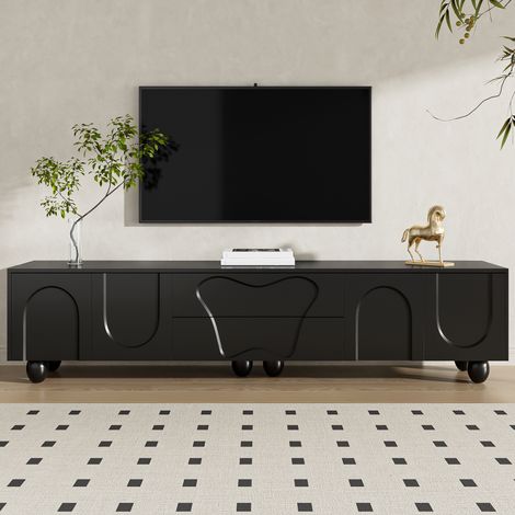 Armoire TV 180 cm noire pieds bois,design minimaliste élégant avec grand espace de rangement et configuration modulable pour salon.