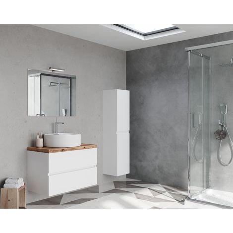 Mueble de baño suspendido de 80 cm en madera blanca brillo y tapa de roble natural con lavabo y espejo - Civo - Con colonna specchio e lavabo rettangolare - Accessorio: Con specchio e lavabo tondo (1/5)