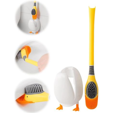 Brosse WC avec support - Brosse WC canard en silicone - Jaune - Canard plongeur - Support pour brosse WC (1/5)