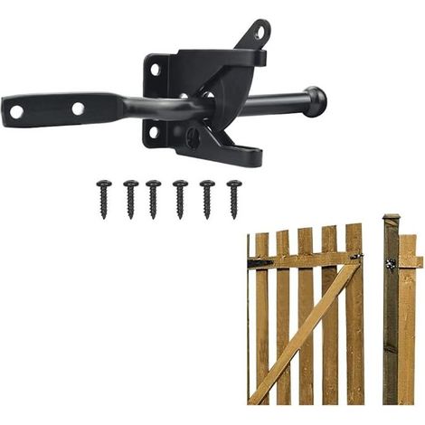 Pestillo automático de acero inoxidable con palanca de gravedad, pestillo negro con tornillos para puertas de madera y vallas. (1/5)