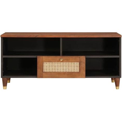 Meuble TV en Bois de Manguier Massif, Style Industriel Rustique, 100 x 33,5 x 46 cm, Couleur Marron Naturel, Console Basse Solide avec Rangements pour Salon (1/5)