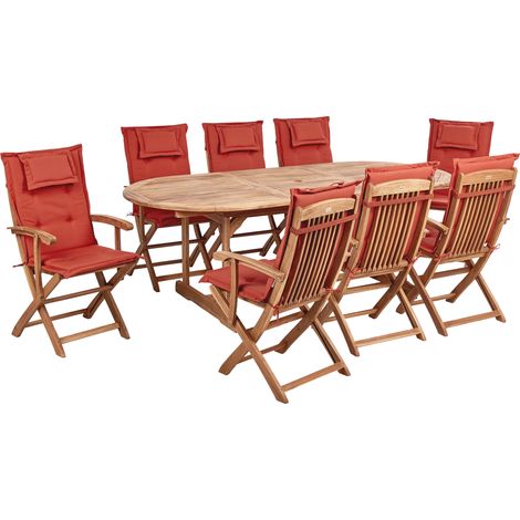 Conjunto de jardín 8 plazas de madera de acacia clara con mesa ovalada y sillas plegables con cojines rojos Maui II (1/5)
