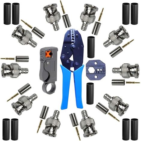 Kit Sertissage BNC RG58-10 Connecteurs Mâles à Sertir + Sertisseur + Matrices Interchangeables + Dénudeur Coaxial + Tubes Thermorétractables - Pour CCTV, Radio Amateur et Installations AV (1/5)