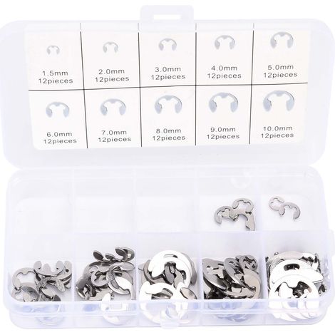 Innere Sicherungsringe, Innere Sicherungsringringe, E-Clips-Ring, Edelstahl-E-Clip-Sicherungsring-Set, Packung mit 120 E-Clip-Sicherungsringen – Edelstahl – 10 Größen – Innere Druckknopf