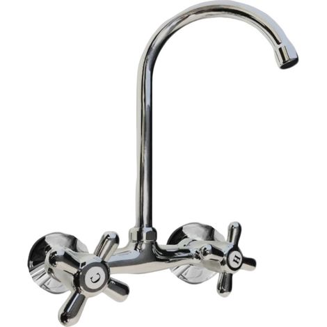 Bagnoclic – Robinet mural de cuisine à bec haut – Finition métal chromé – Entraxe 15 cm – Poignées en étoile – Pour buanderie et espaces restreints