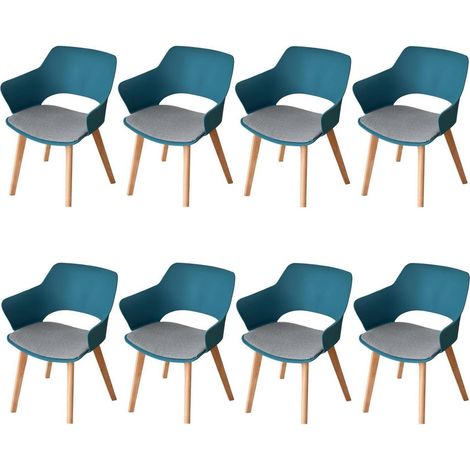 8er Set Esszimmerstühle mit Armlehne, Massivholzbeine, Stoffpolster, Seeblau (1/5)