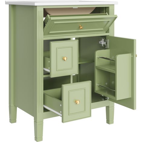 61 cm freistehender Badschrank in glänzendem Grün mit Keramikwaschbecken und 3 Schubladen (1/5)