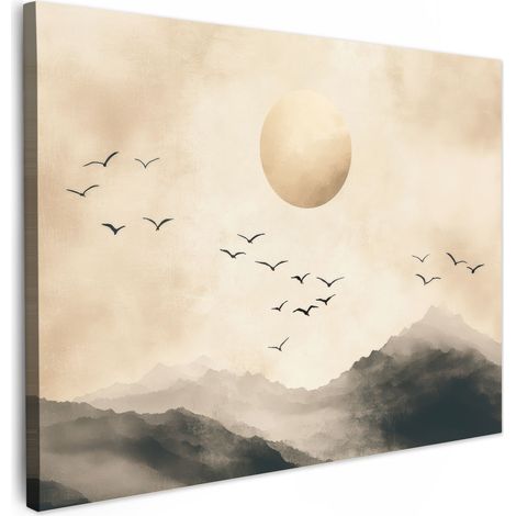 TABLEAU SUR TOILE Paysage - Japandi - oiseau Décoration Murale 40x30 cm