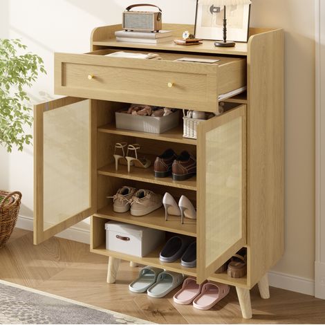 Meuble à chaussures en bois 2 portes, 4 étagères, 1 tiroir et étagère ouverte 80x105x35 cm (1/5)