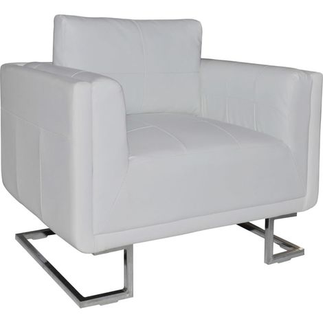 Sillón sillón de diseño, asiento de salón, sofá club, sala de estar, cubo con patas cromadas, cuero sintético blanco 1102045/3