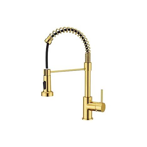 Robinet Cuisine, Mitigeur Cuisine Avec Douchette Pivotant à 360° d'Évier à Arc Élevé Pulvérisateur Escamotable 2 Modes, Or Brossé (1/4)