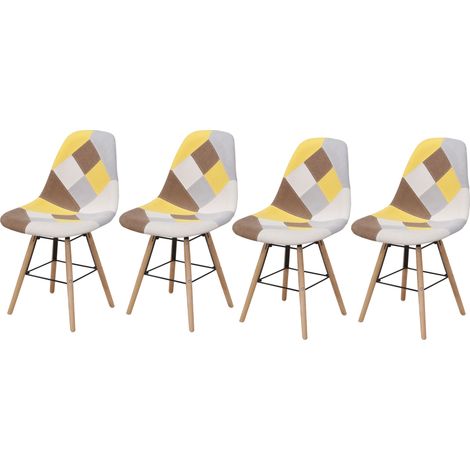 Hobag – Lot de 4 chaises scandinaves patchwork jaune – Pieds en bois – Largeur d'assise 46cm – Profondeur d'assise 39cm – Hauteur d'assise 45cm (1/3)