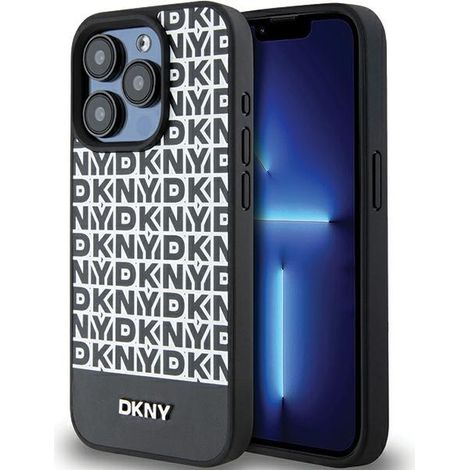Custodia rigida nera/nera DKNY DKHMP15LPSOSPK per iPhone 15 Pro 6.1", con motivo stampato in pelle, logo in metallo e MagSafe. (1/5)