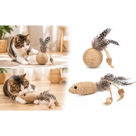 Jouet pour Chat - Flamingo Bâton Marron avec Balle en Matatabi et Jute avec Rubans et Plumes 36cm (1/3)