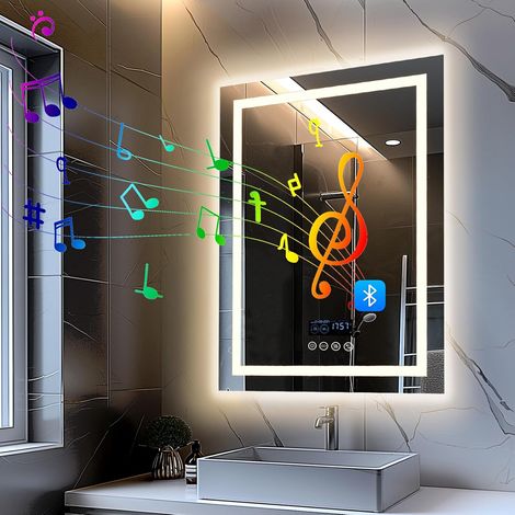 Specchio da Bagno Led Smart con Bluetooth e Orologio, Retroilluminato + Frontale Luce, 70x90cm