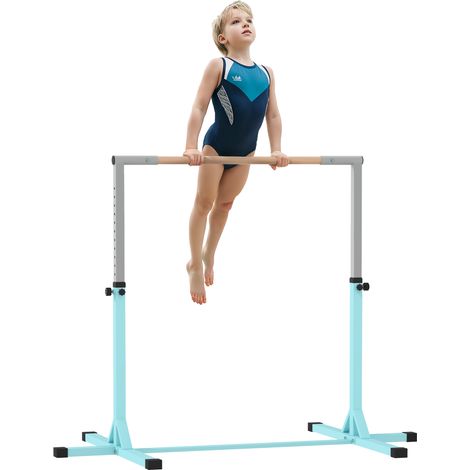Barre de gymnastique pour enfants de 3 ans et plus, hauteur réglable, en acier et bois de hêtre massif, bleu clair (1/5)