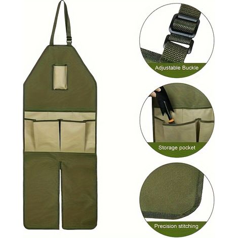 Tablier de jardinage en nylon Oxford avec sangles ajustables pour les jambes et multiples poches, pour la taille extérieure, l'aménagement paysager et l'usage familial, vert armée avec poche kaki (1/4)