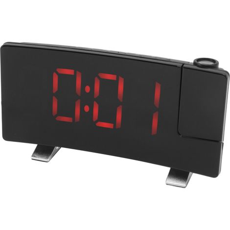 Radio réveil projecteur LED affichage numérique écran courbe horloge électronique corps noir chiffres rouges (1/5)
