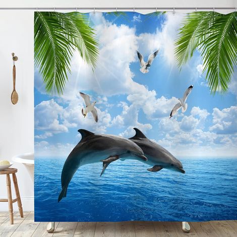 Rideau Douche Anti Moisissure 200x200 cm Dauphin Rideau de Douche Baignoire Tissu Imperméable en Polyester Océan Bleu Rideaux Salle de Bain avec Anneaux Tissus Lavable Machine (1/5)