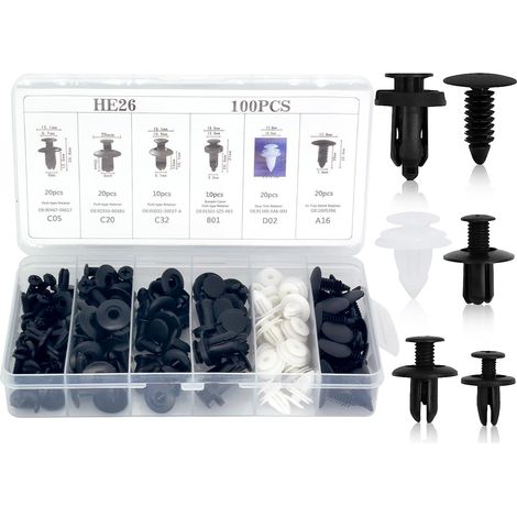 Lot de 100 clips de fixation pour plaque de porte de voiture - 6 types de clips de carrosserie - Rivets en plastique - Écrou à expansion (6/8/8,1/9,8/8,6 x 8,8/10 mm) (1/5)