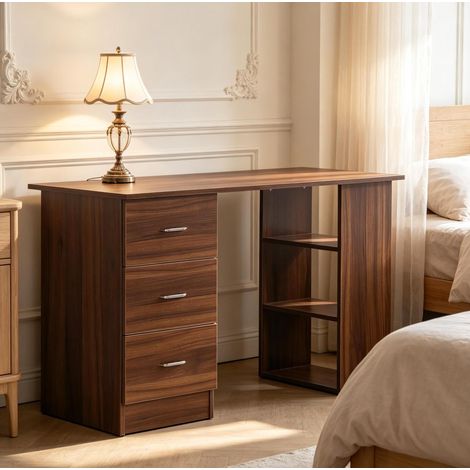 Scrivania per computer 120x49x72 cm, con 3 ripiani e 3 cassetti, design reversibile, MDF, noce (1/5)