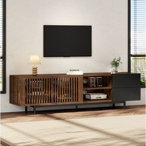 MODFU – Mobile TV 160x38x50 cm in MDF nero/legno con 2 cassetti, ante a lamelle, passacavi e per TV fino a 60" – Nero/legno (1/5)