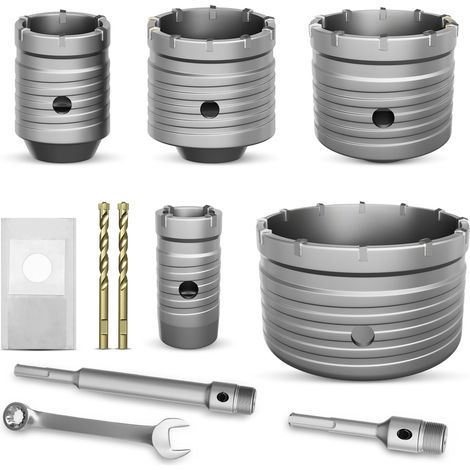 Lot de couronnes de forage 30/50/68/75/100 mm avec adaptateur SDS Plus (110 mm et 220 mm), 2 forets de centrage, clé à molette et sac de protection contre la poussière, pour maçonnerie, béton, pierre (1/5)