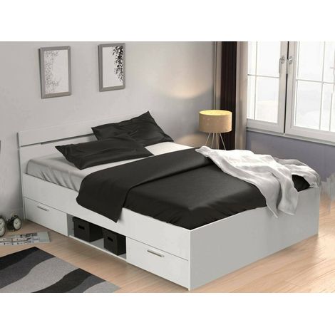 Dmora - Letto alla francese Moira, Sommier per camera da letto, Giroletto per stanza, Struttura porta materasso, 200x140 h74 cm, Bianco opaco (1/5)