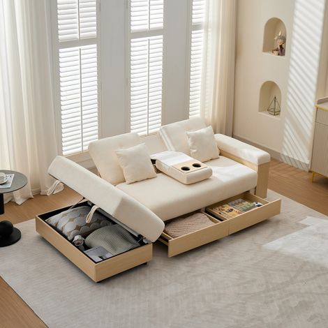 Canapé convertible 217 cm avec rangement, dossier 3 positions, porte-gobelet escamotable, chenille beige (1/5)