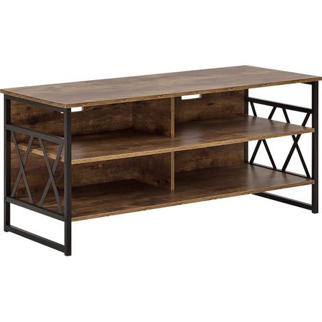 Mueble para TV estilo industrial moderno tablero marrón oscuro base de metal negro 4 estantes Carlisle