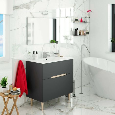Dmora - Mueble bajo lavabo Dosimhe, Mueble bajo lavabo, Mueble de baño con espejo, Lavabo no incluido, 80x45h80 cm, Antracita y Roble (1/5)