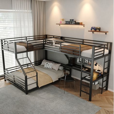 Bettgestell Metallbett, Eisenrahmen,Drei Schlafplätze,90 x 200cm,140 x 200cm, En747 zertifizier, Doppelsteckdose mit USB- und Type-C-Schnittstelle, Schreibtisch,Ohne Matratze,Schwarz,W3896S00001 (1/5)