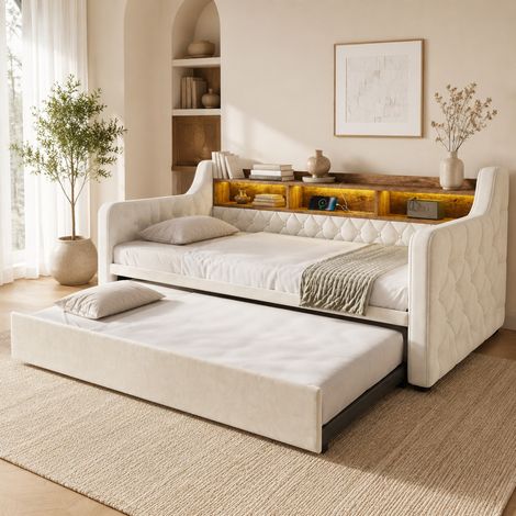 Lit banquette 90x190 cm en velours beige avec LED et USB, gain de place, sans matelas – MEUBLIV (1/5)
